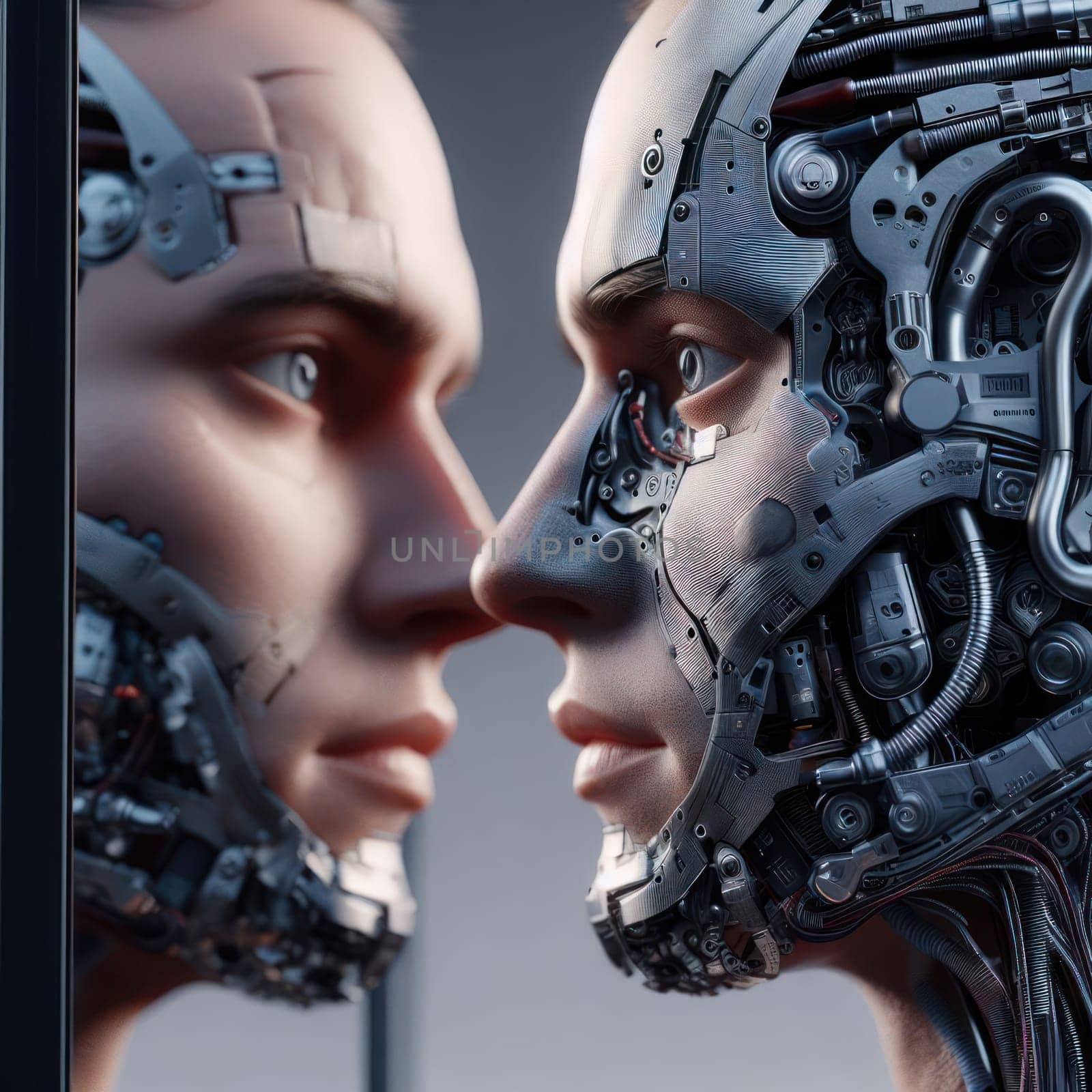 headshot portrait of a person with futuristic humanoid robot generative ai