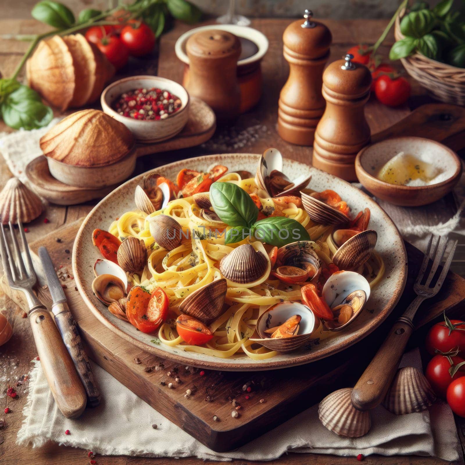 delicious traditional italian linguine alle vongole in a rustic setting generative ai