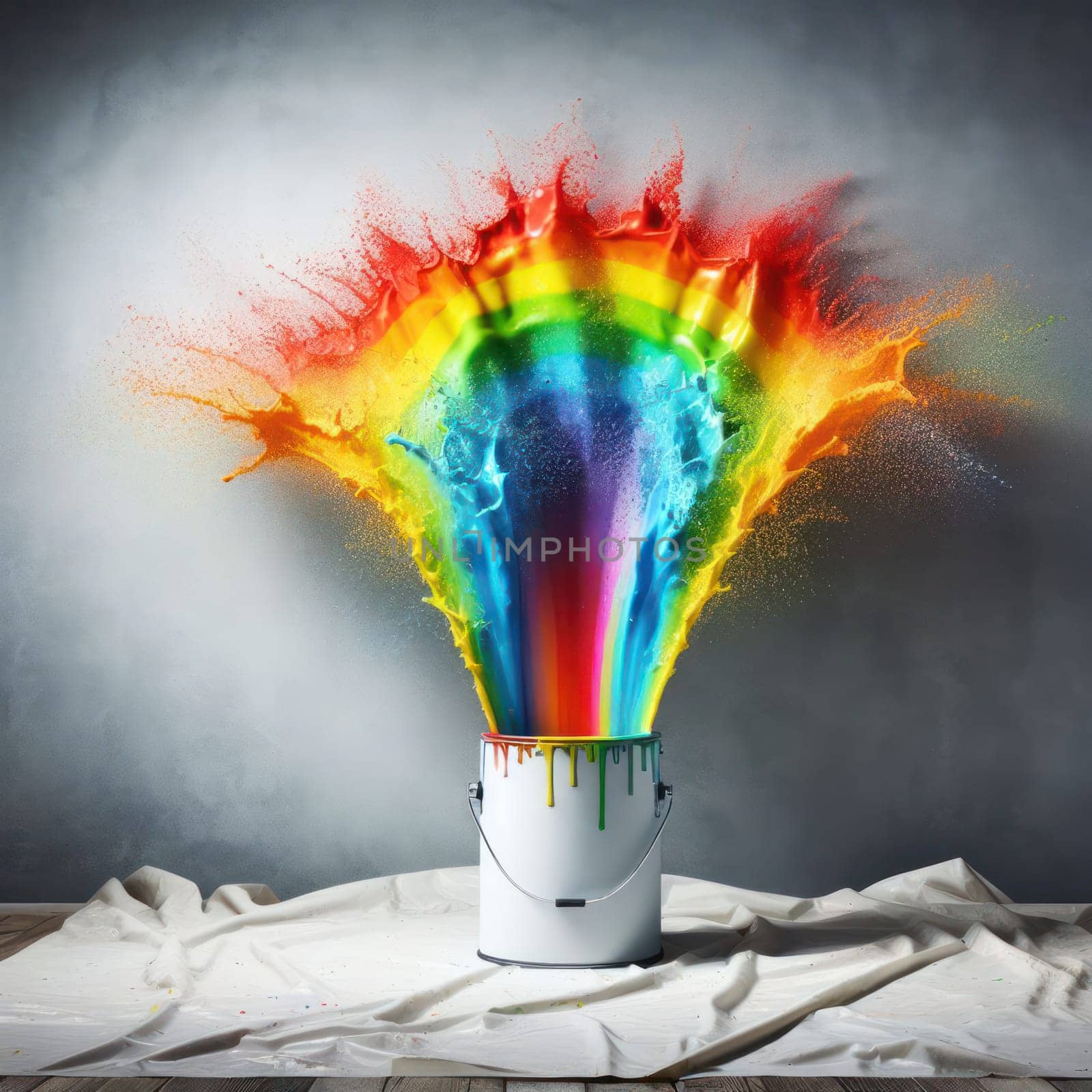 bright and colorful rainbow paint explosion out of the can about to hit the wall generative ai