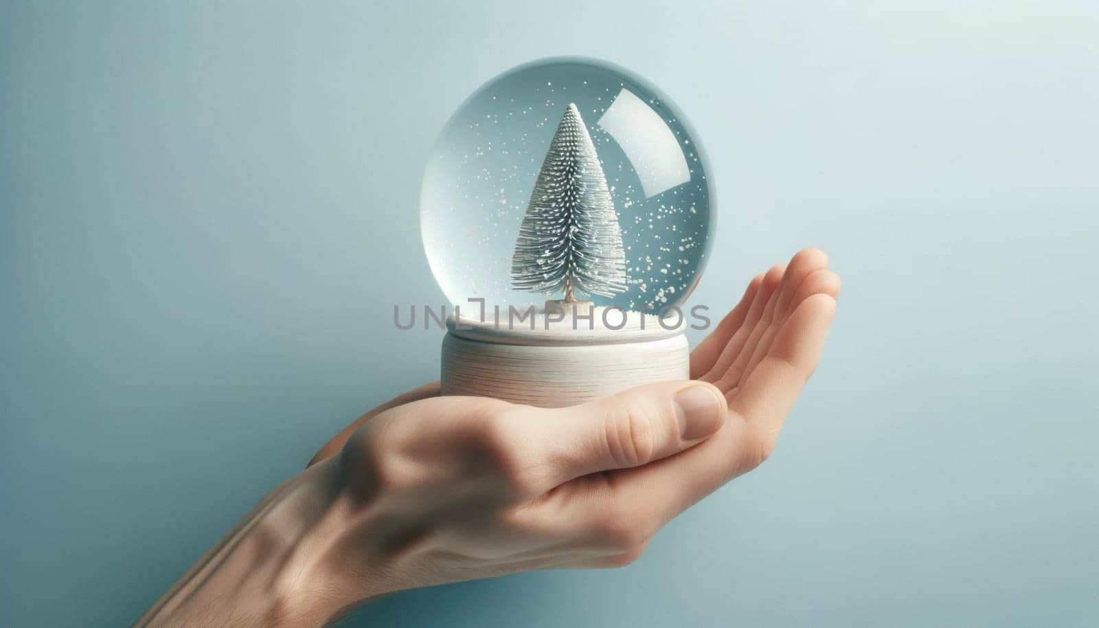 Hand presenting a snow globe with a snow covered pine tree. Created using AI Generated technology and image editing software.