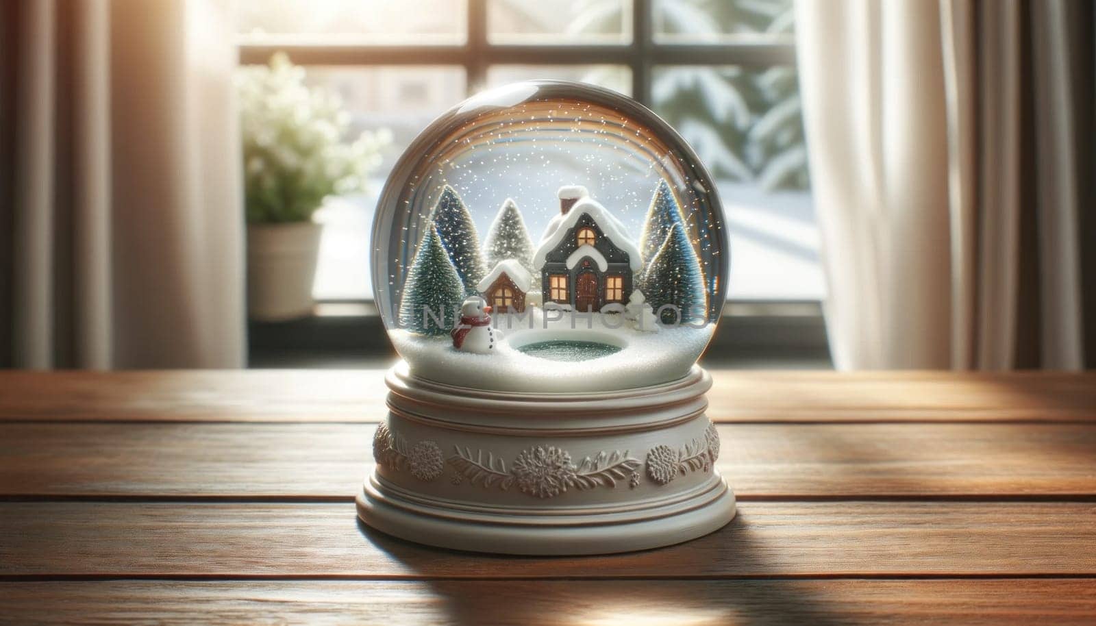 Cozy winter village snow globe. Created using AI Generated technology and image editing software.
