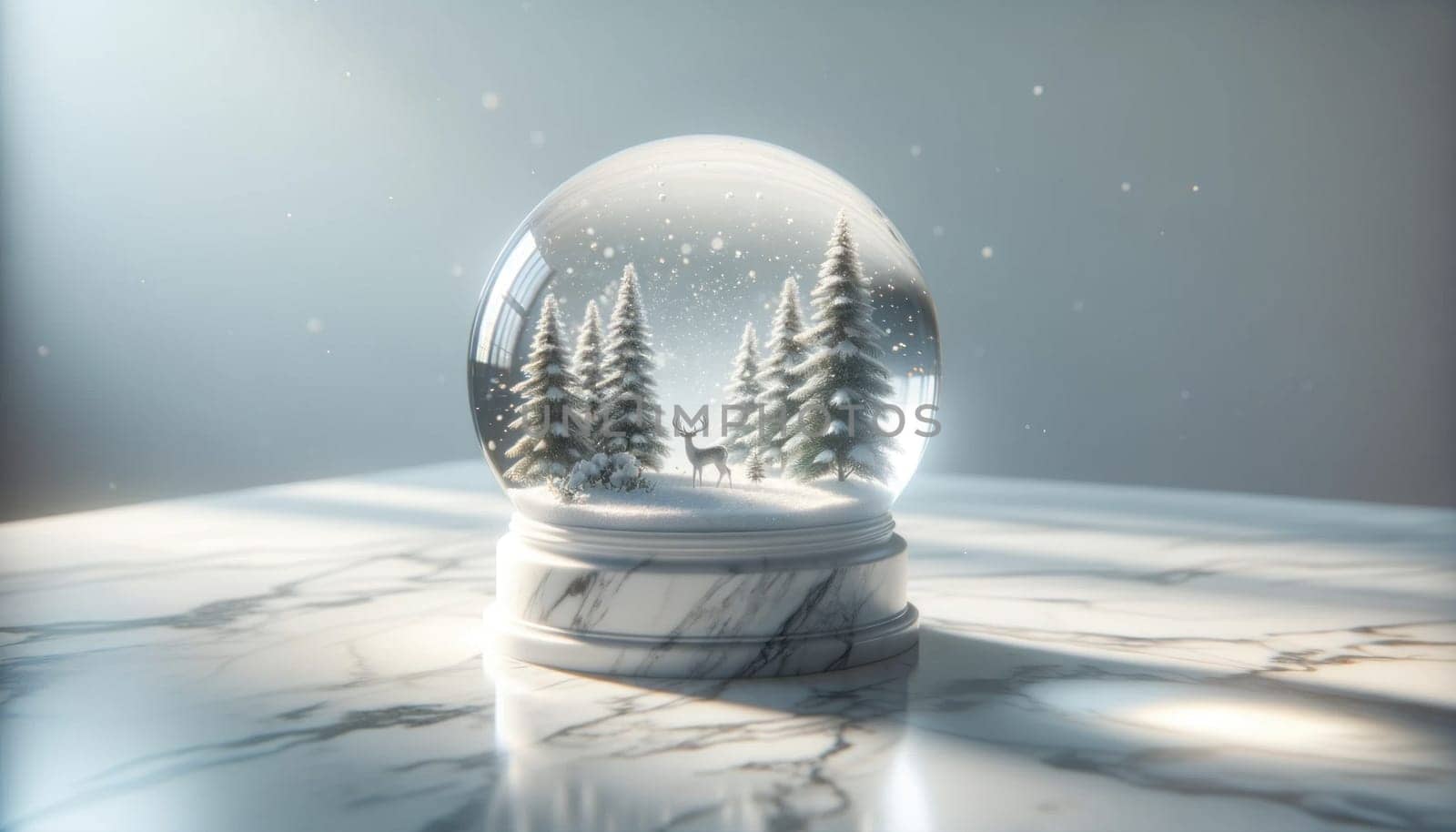Deer in forest inside snow globe on marble. Created using AI Generated technology and image editing software.