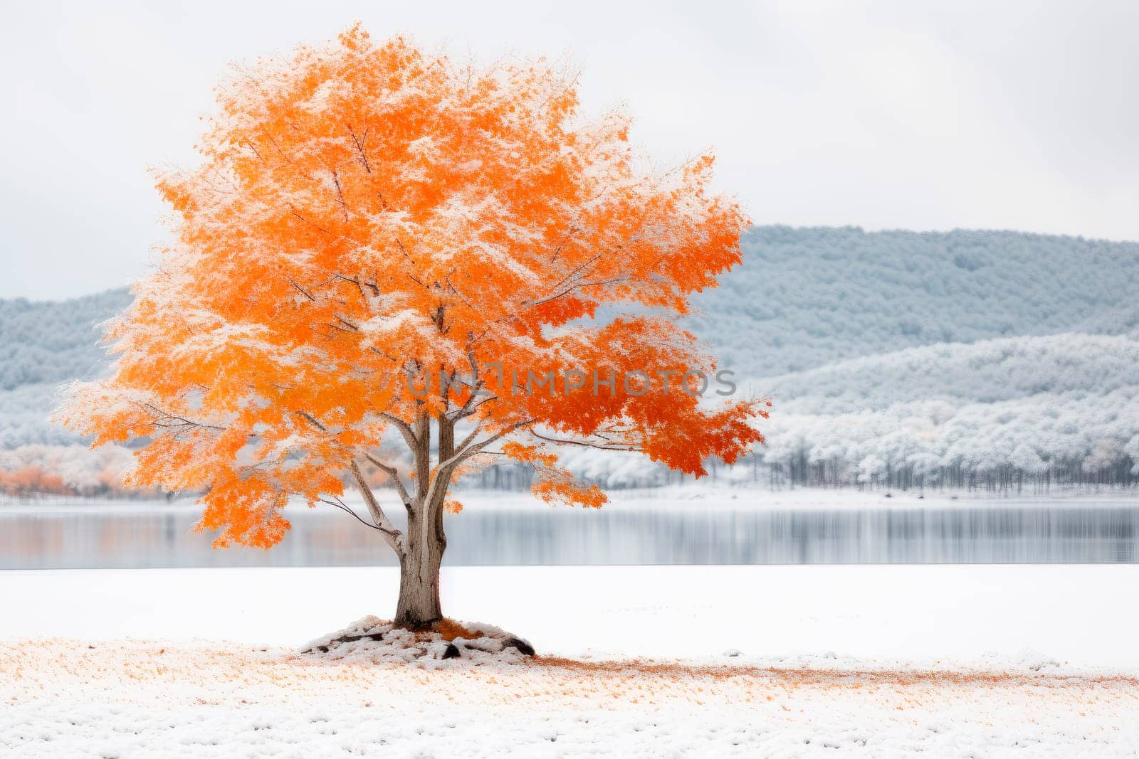 First snow in the autumn mountains with a single tree with orange leaves. AI generated