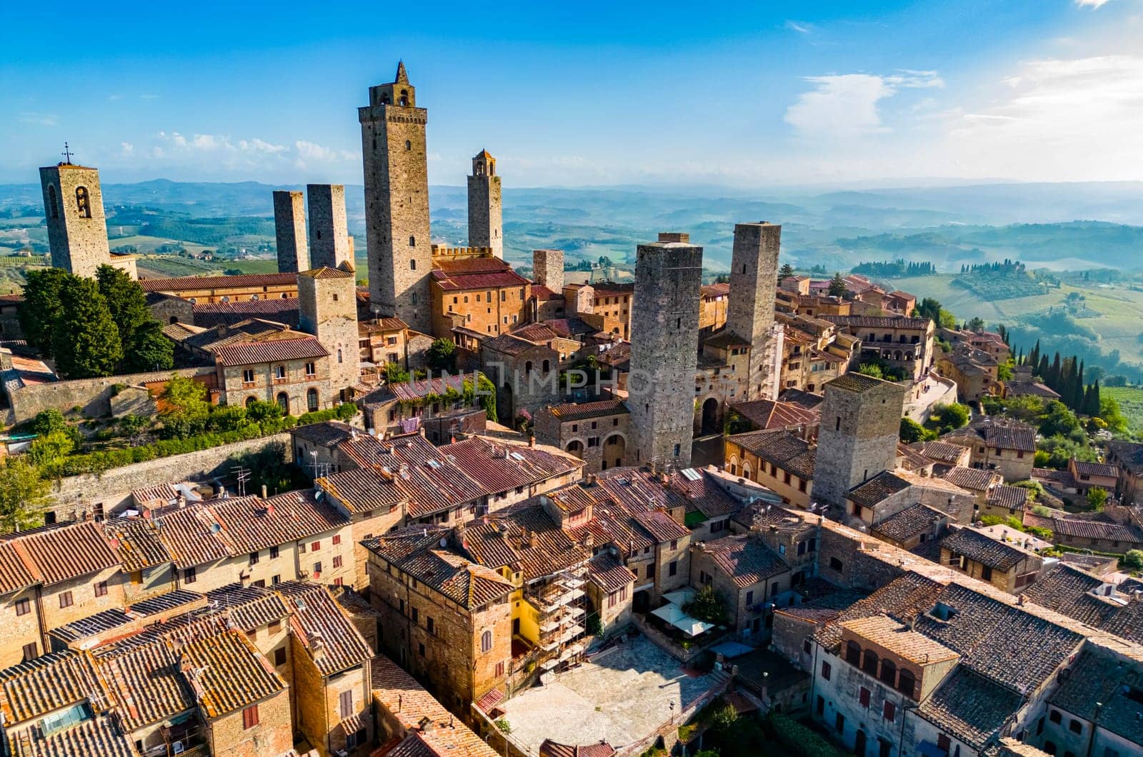Aerial view of San Gimignano, a walled medieval hill town in the province of Siena, Tuscany, Italy