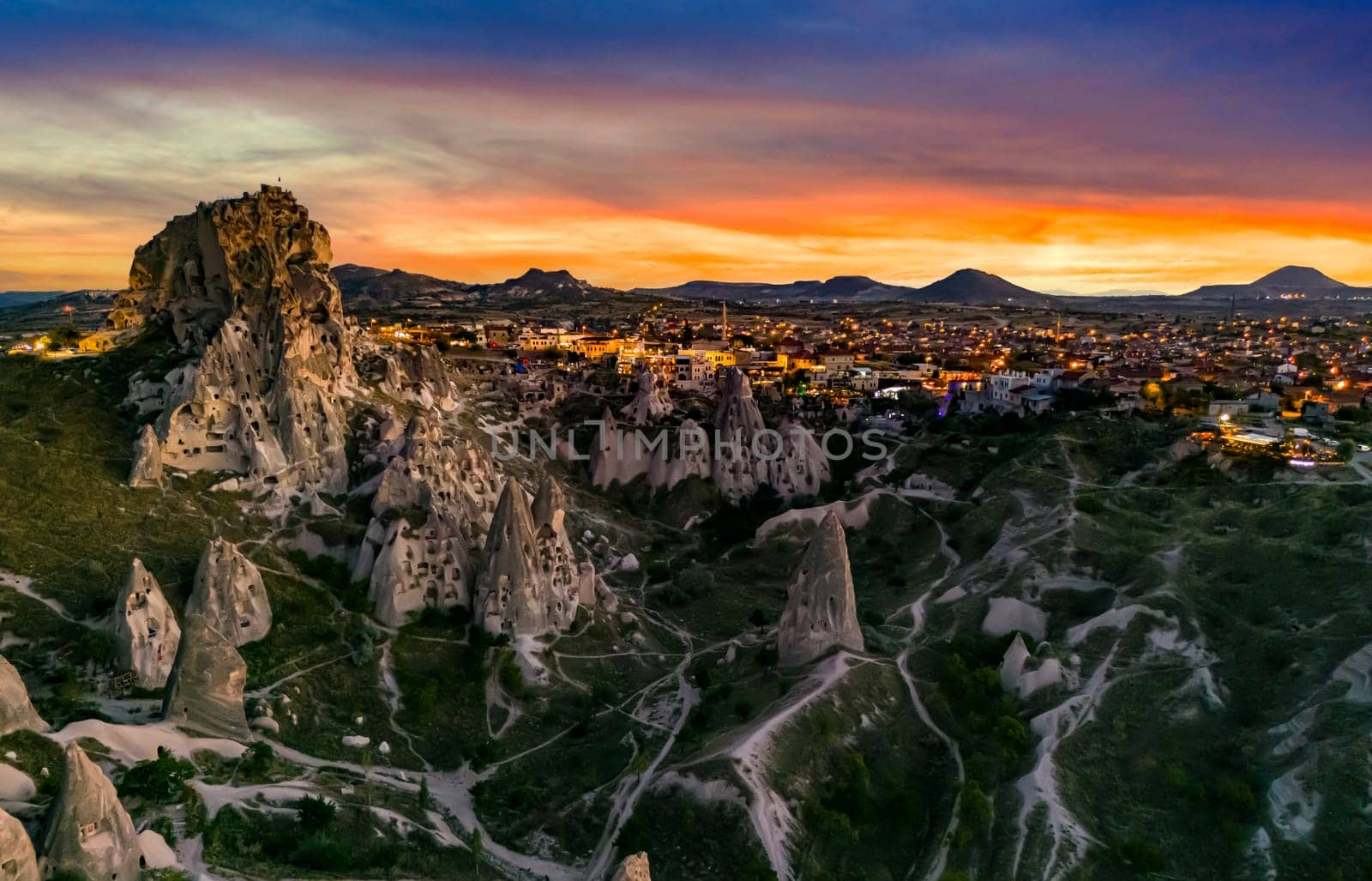 View of Uchisar Castle in Nevsehir Province in Cappadocia, Turkey after sunset