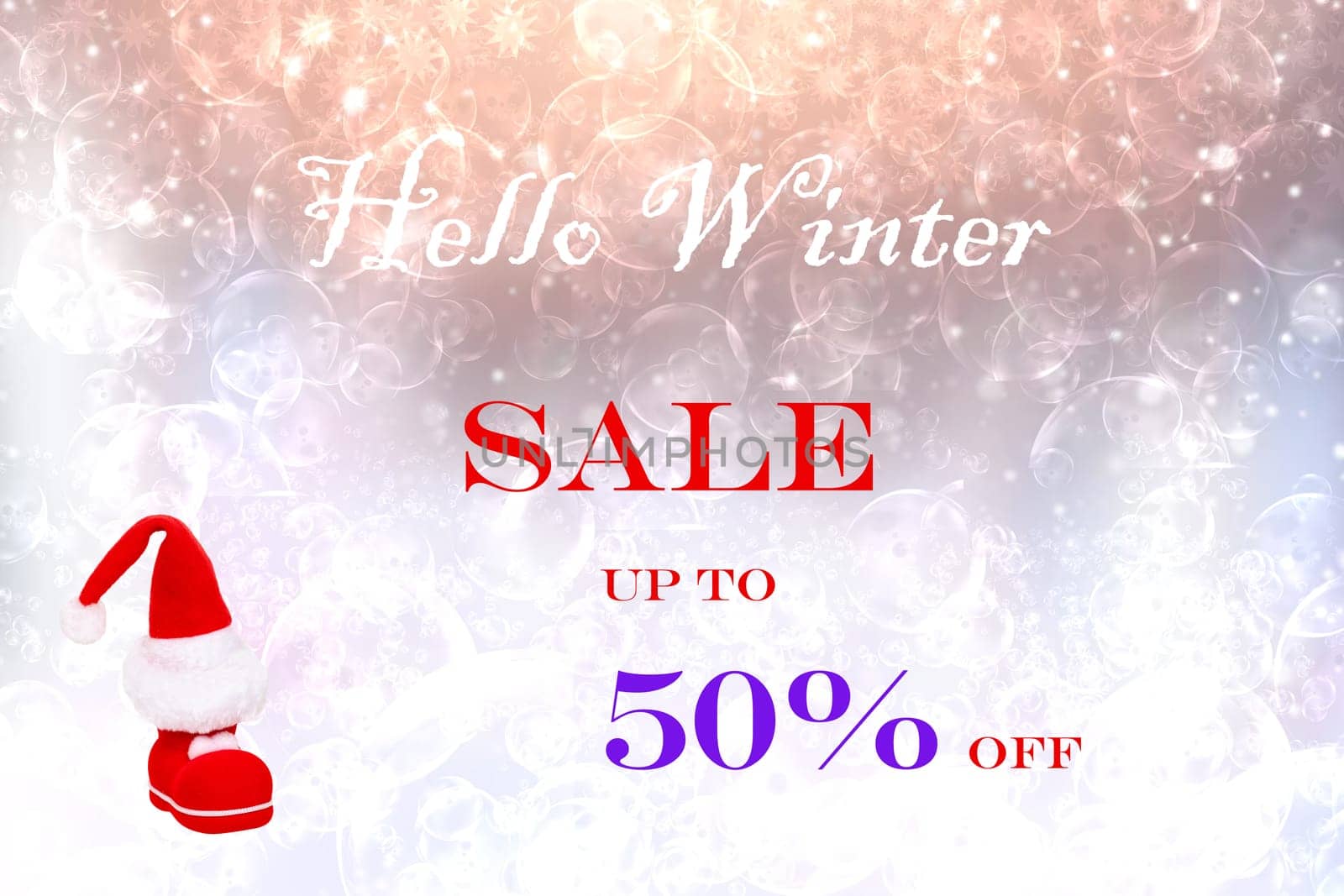 Hello winter sales with discount up to 50% off.  Texture with santa claus boots and lettering on abstract background. Card, flyer, banner and promotion concept.