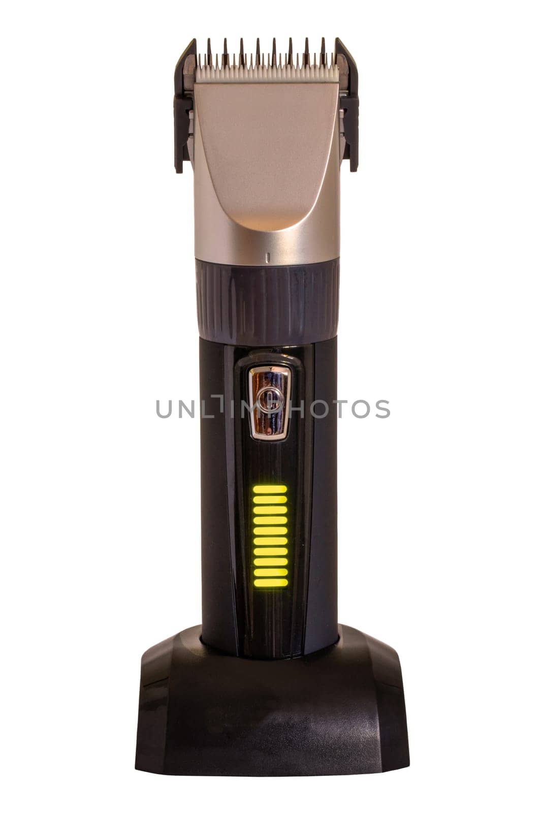 Close-up of a new black copper colored rechargeable beard and hair clipper isolated on a white background. Clipping path. Cordless hair and beard trimmer. Macro.