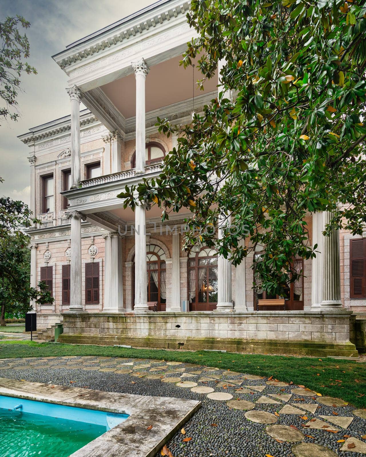 Historic Ottoman 19th century Mecidiye Pavilion, located in Beykoz, Istanbul, Turkey. The pavilion is surrounded by beautiful gardens and features a fountain in front of the building