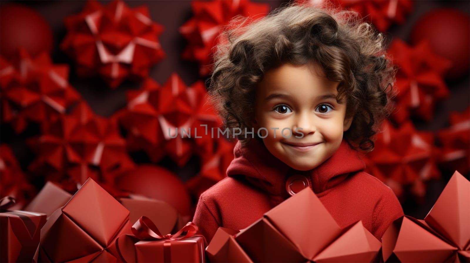 cute curly baby on background of Christmas decorations.