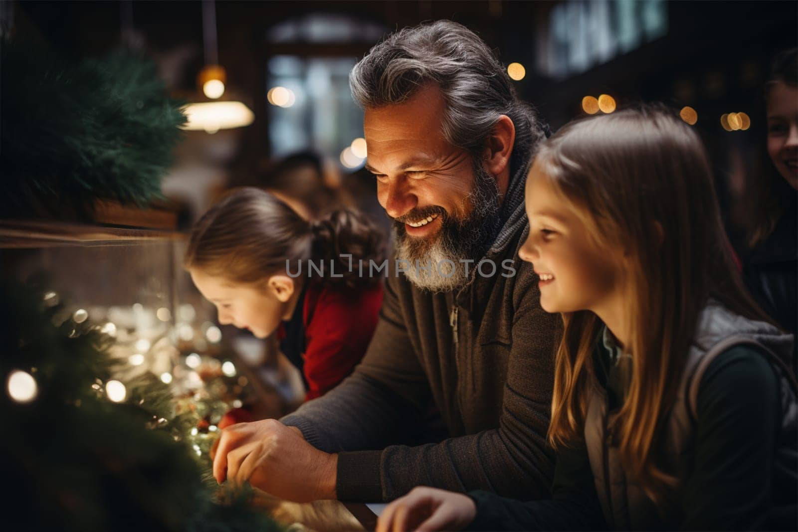 dad with children at the Christmas market. concept of family and holidays.Generative AI