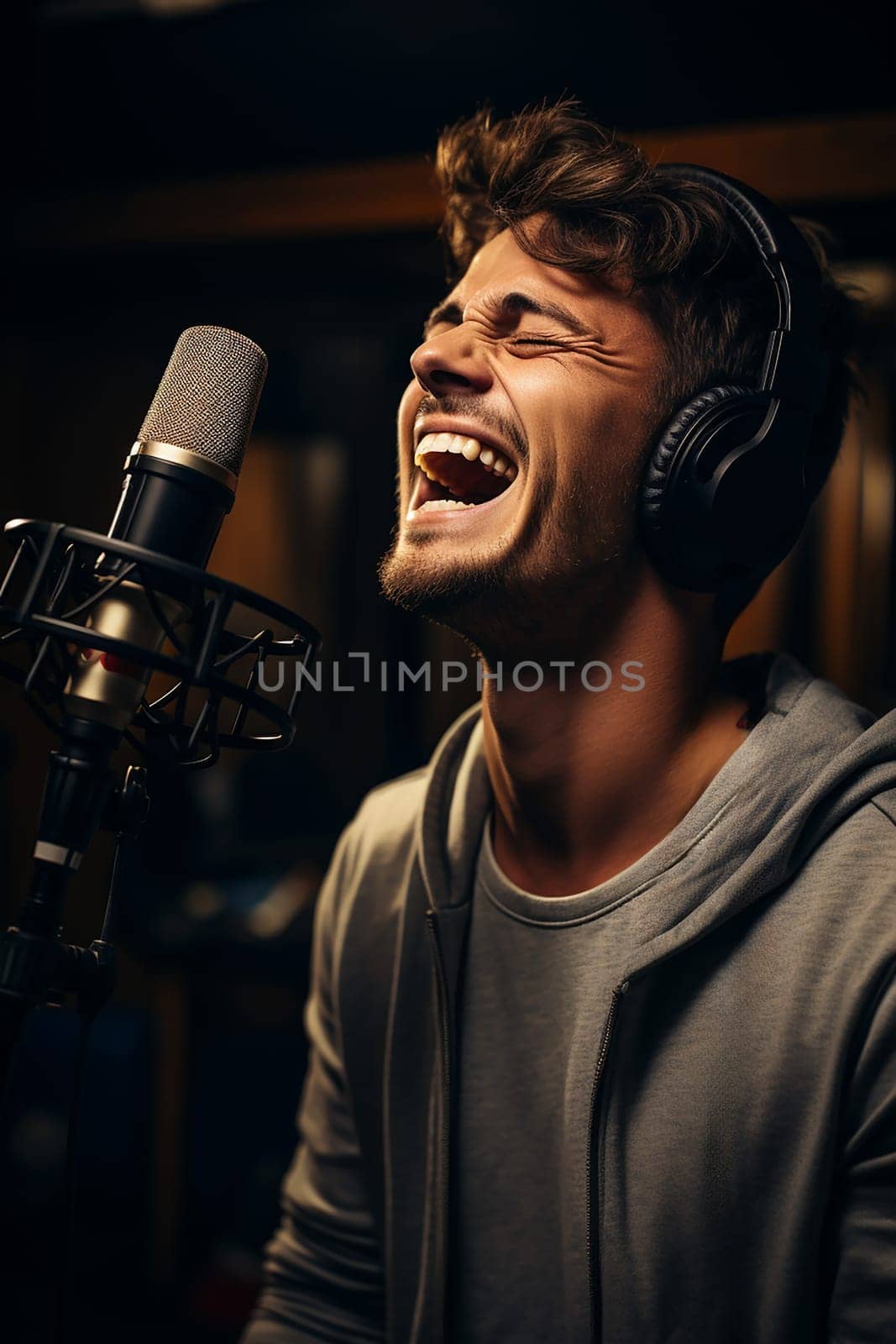 singer sings in front of a microphone and records a song in a music studio