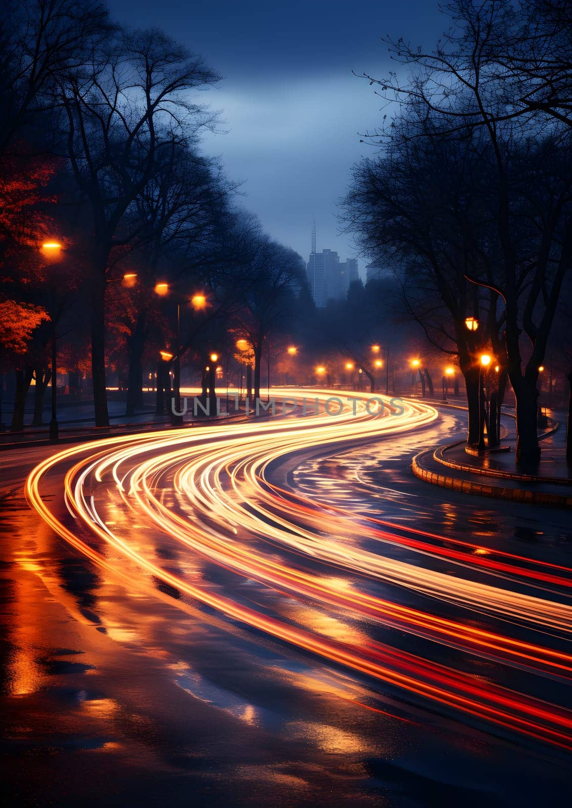 city street by night under the rain - light trails - AI generative