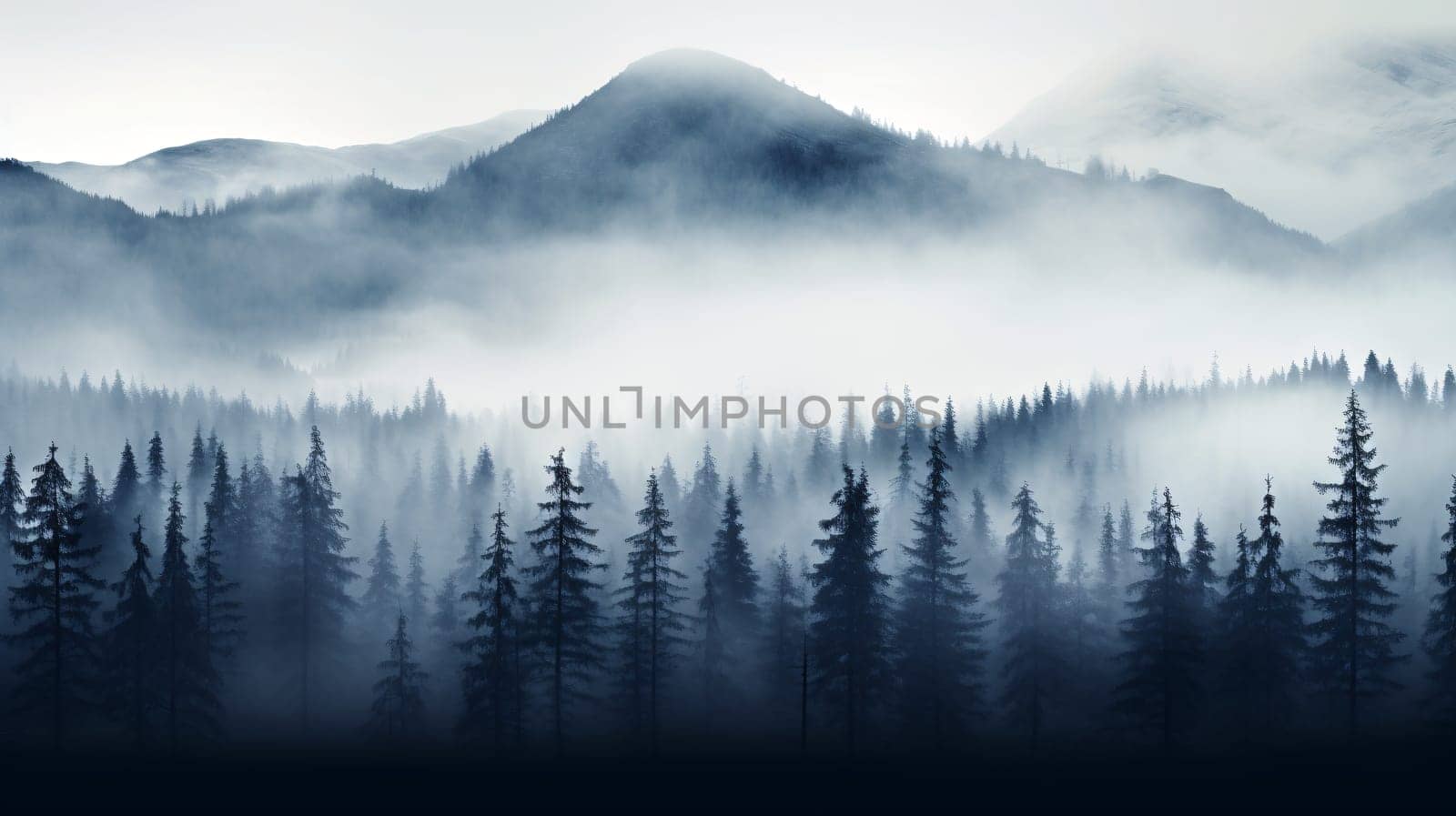 Pine trees in the fog - dark forest with dramatic light - AI generative