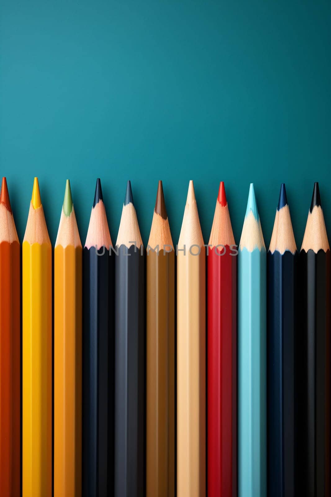 Colorful pencils arranged in neat row against blue copy space - AI generative