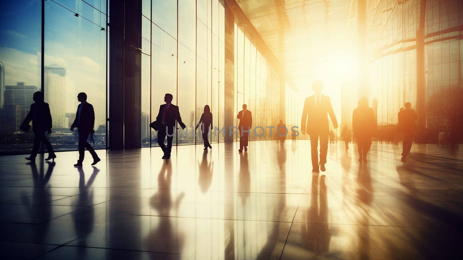 people walking in modern cityscapes, warm light, work and business concept - AI generative