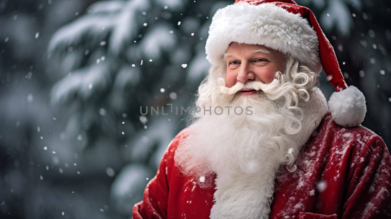 A joyful Santa Claus stands in the midst of a snowy landscape at the Christmas time - AI Generative