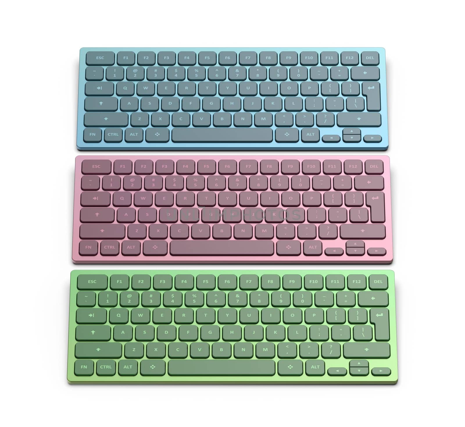 Row with three wireless computer keyboards with different colors on white background