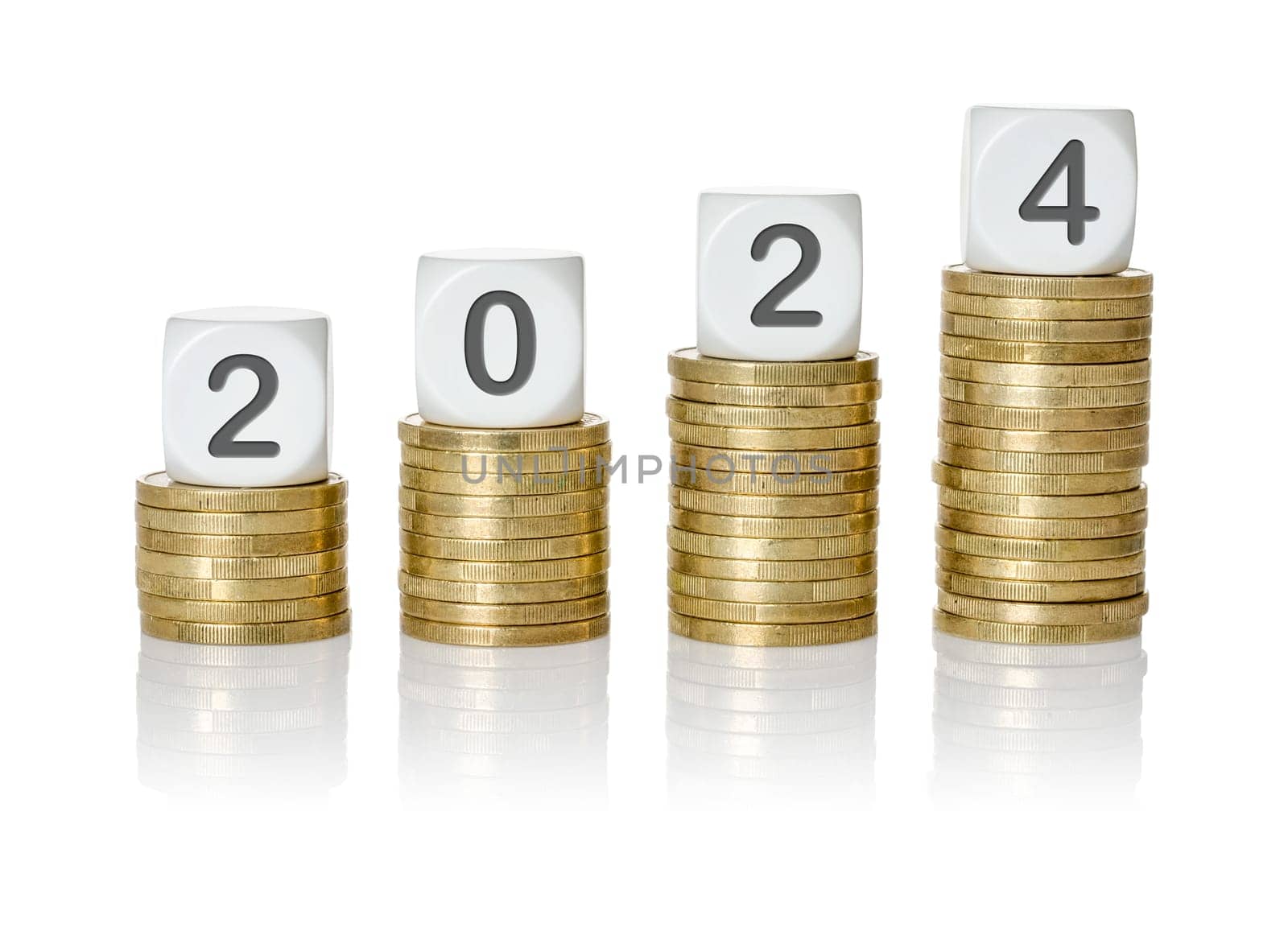 Rising coin stacks with letter dice - 2024