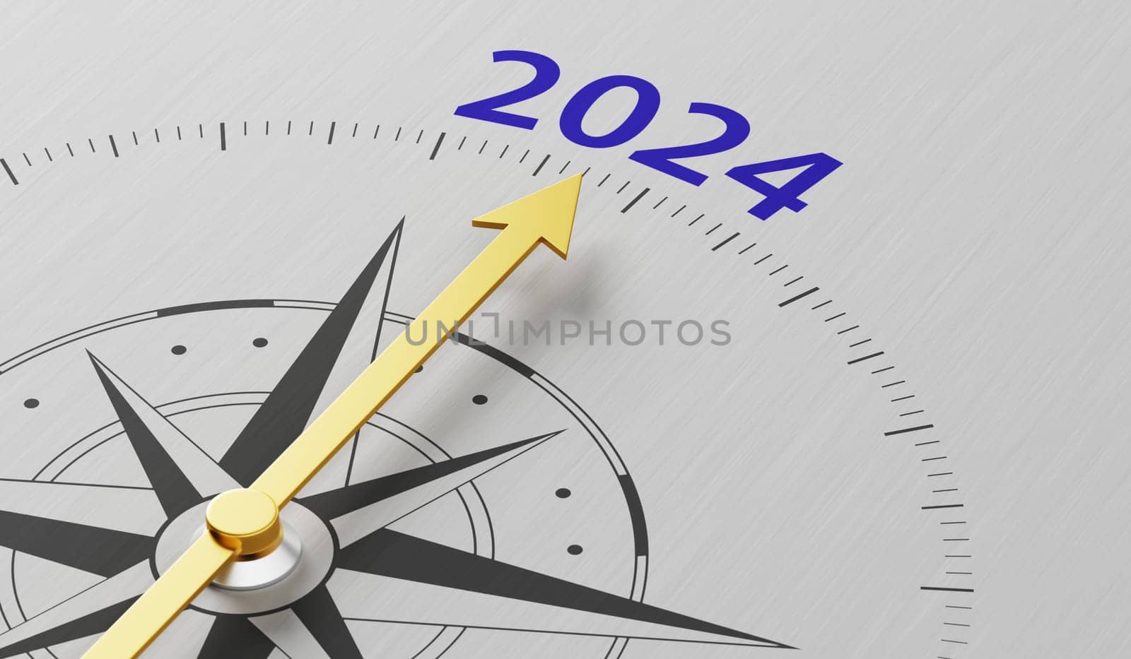 Compass needle pointing to the text 2024 - 3d render