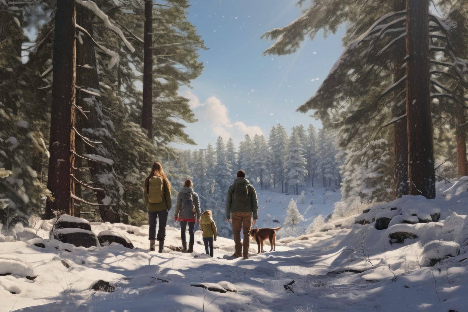 Family walking in the snow in forest on winter day. Spending leisure time close to nature. Snowy winter. Cold day. Active people. Physical activity. Healthy lifestyle. Daily routine