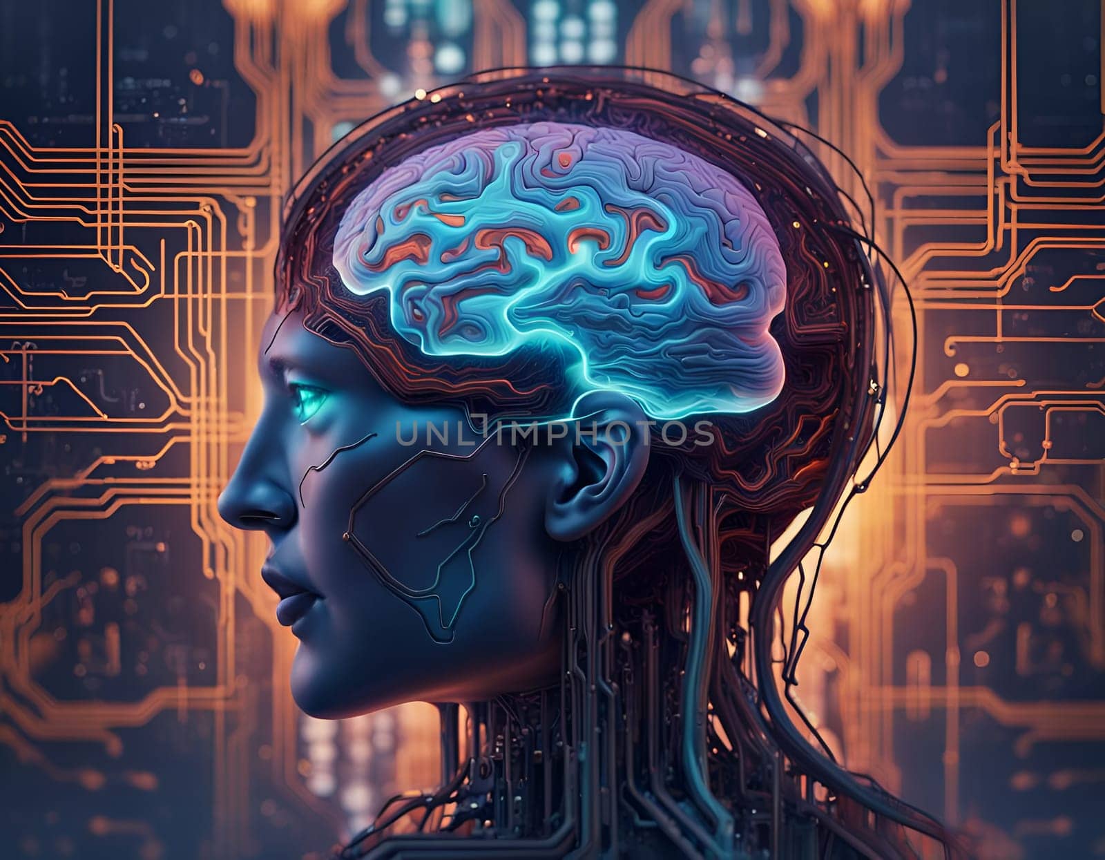 Human brain connected to printed circuit on a motherboard as a processor