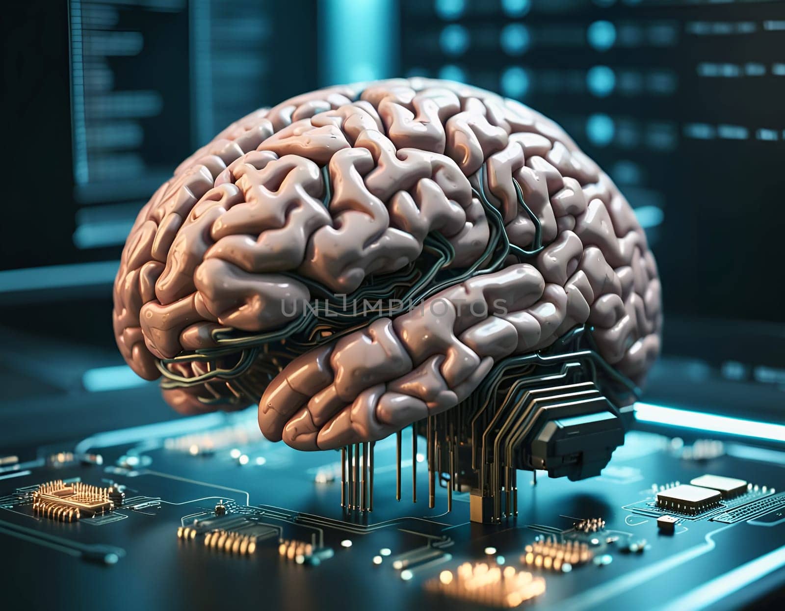 Human brain connected to printed circuit as a main processor