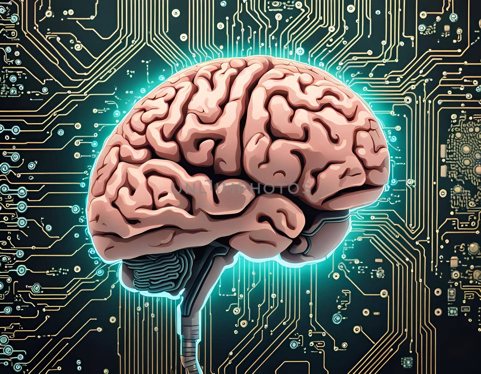 Human brain over the printed circuit as a main processor, symbol of the intelligence