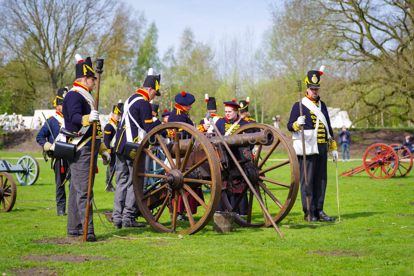 ALMELO, NETHERLANDS - APRIL 22, 2023: The Historical Festival Almelo is a reenactment event set in the French period (1795-1815). The focus is on the Battle of Ruigerode, a staged battle in Napoleonic style
