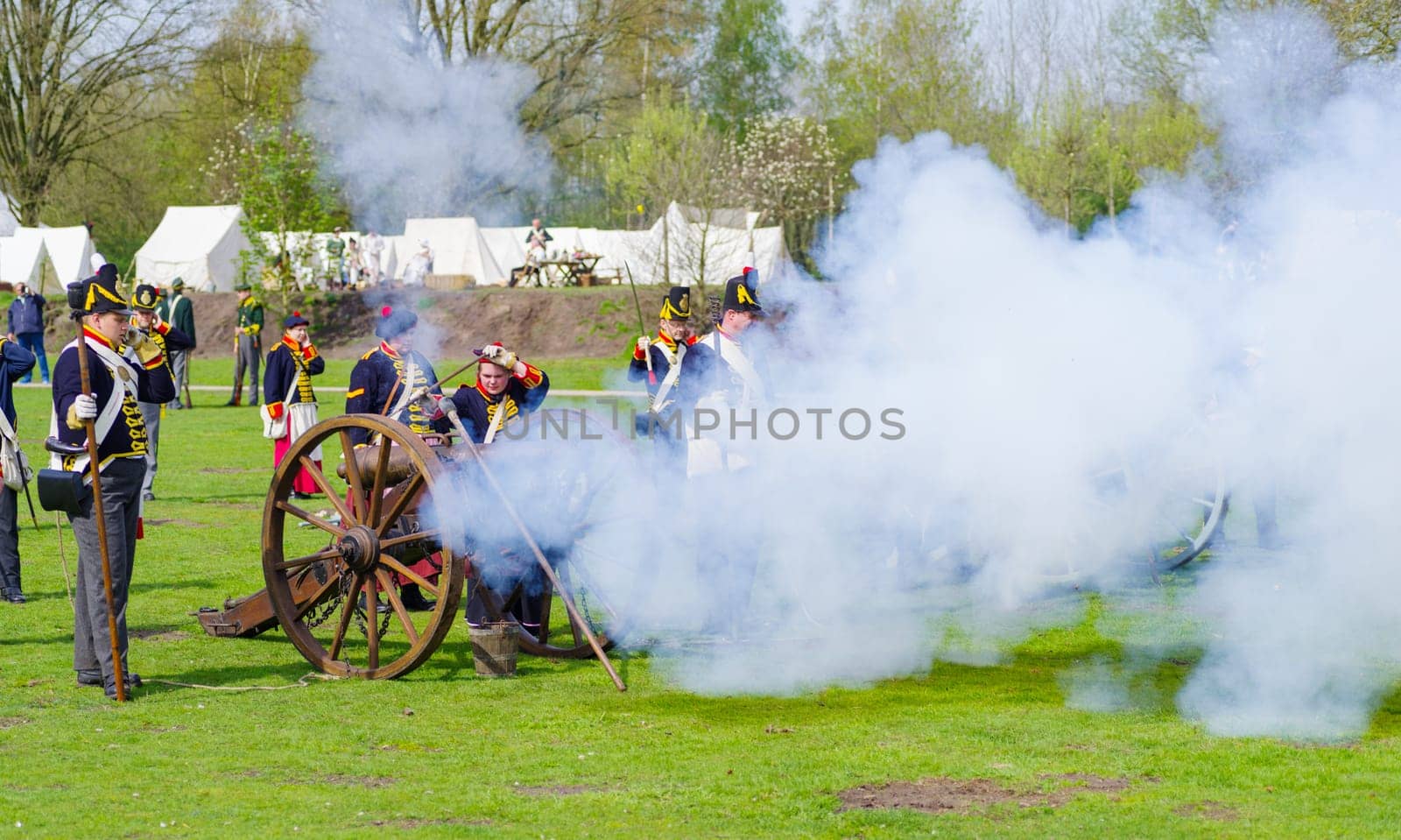 ALMELO, NETHERLANDS - APRIL 22, 2023: The Historical Festival Almelo is a reenactment event set in the French period (1795-1815). The focus is on the Battle of Ruigerode, a staged battle in Napoleonic style