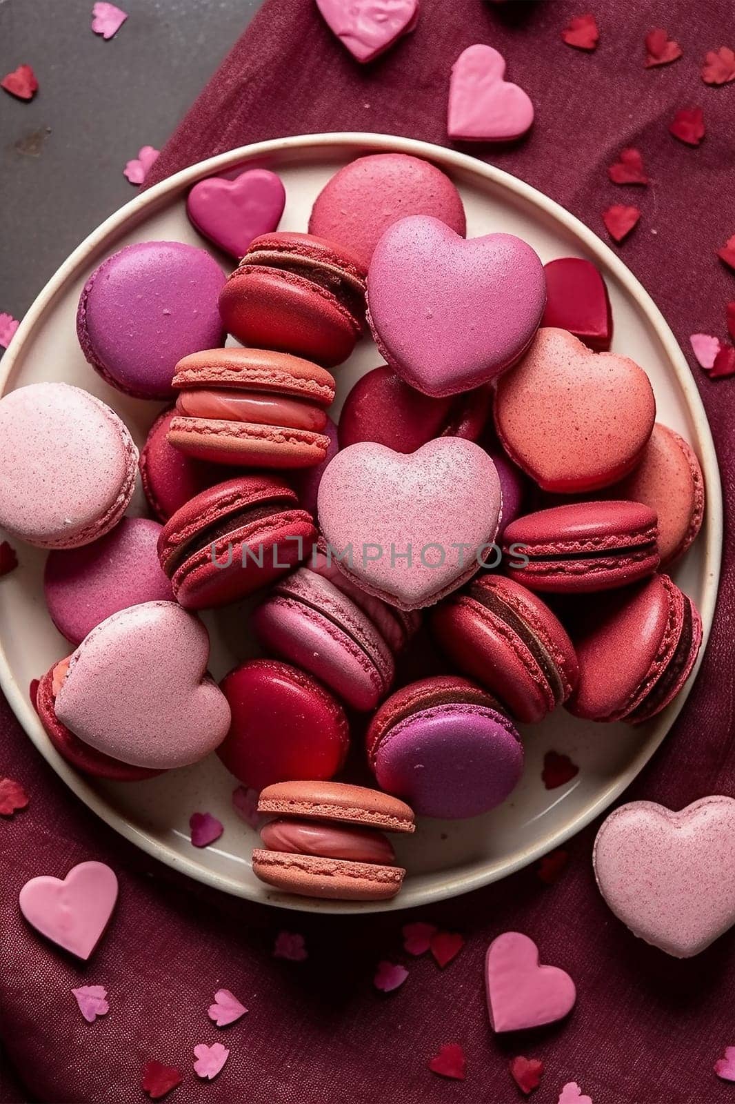 French sweet colorful heart shape cookies macarons macaroons with crumbs flying falling on vintage pink plate isolated on white background. Pastry shop card with copy space. Valentines day. Romantic concept Valentine top view