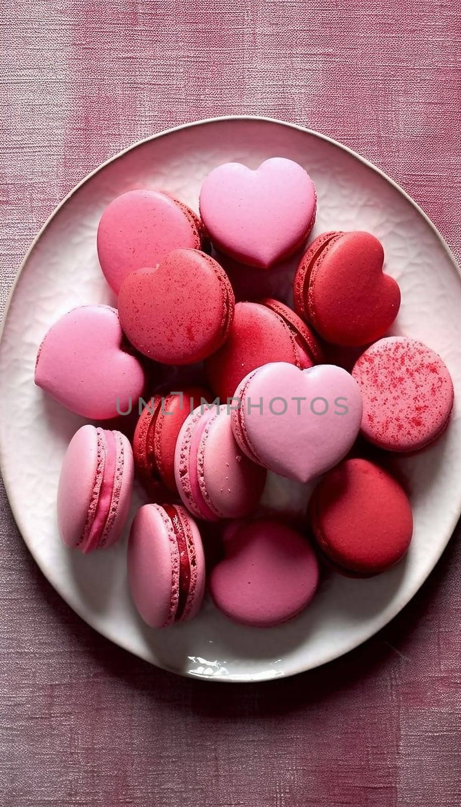 French sweet colorful heart shape cookies macarons macaroons with crumbs flying falling on vintage pink plate isolated on white background. Pastry shop card with copy space. Valentines day. Romantic concept Valentine top view