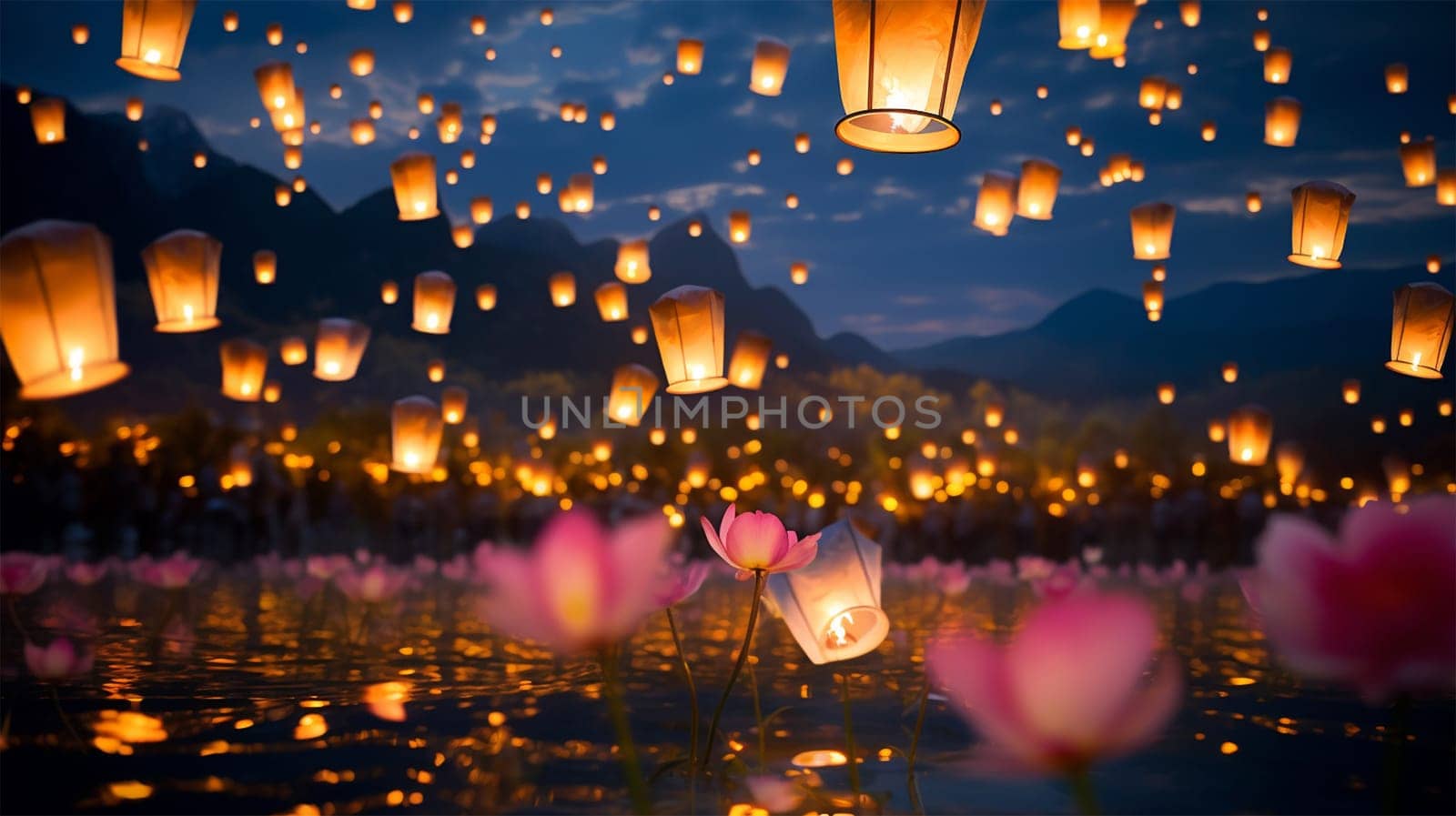 Lantern Festival background, Shangyuan Festival China. Magical flying lanterns in the colorful sky. beautiful lights sparkling. Chinese festive background beauty
