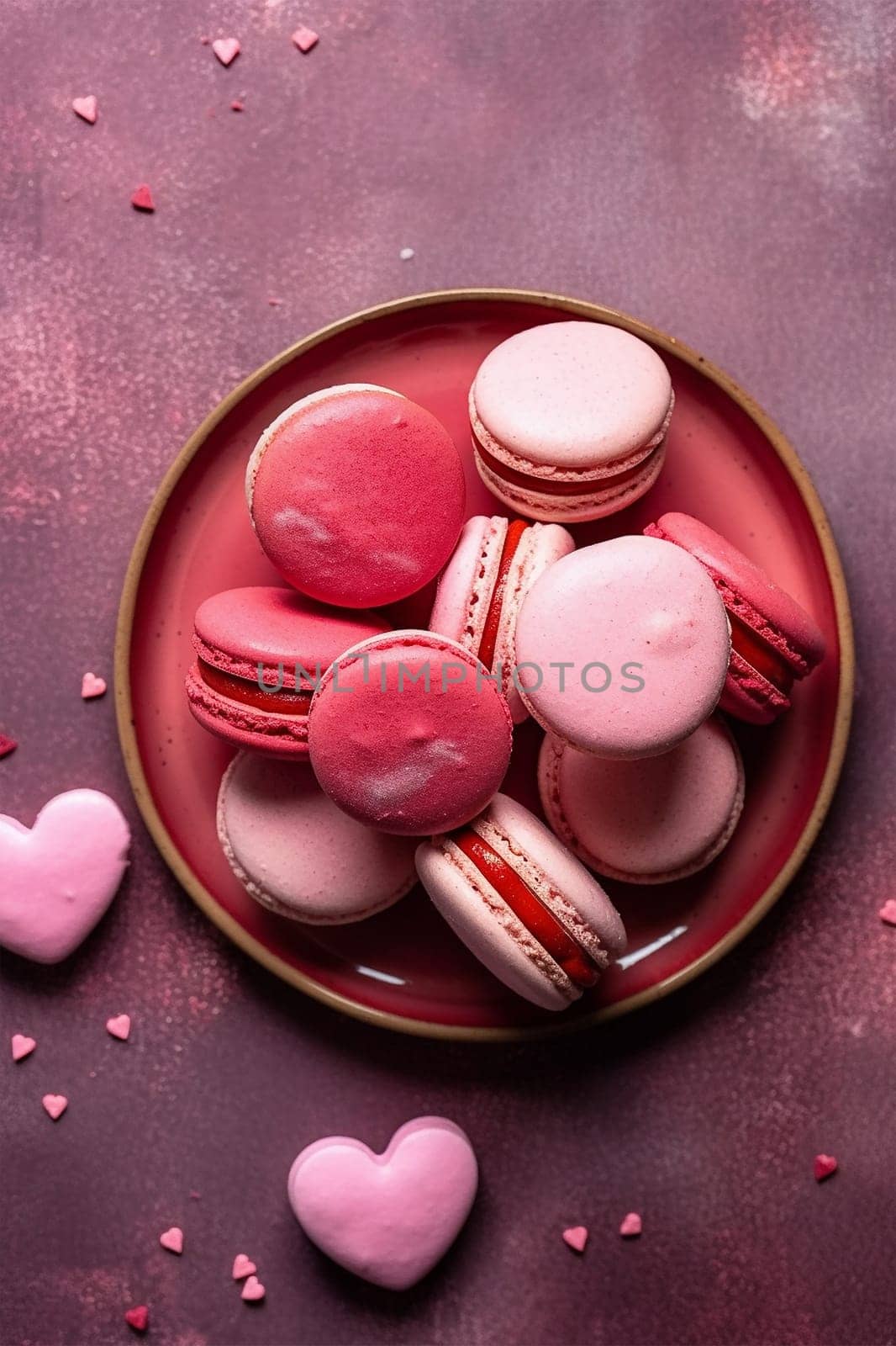 French sweet colorful heart shape cookies macarons macaroons with crumbs flying falling on vintage pink plate isolated on white background. Pastry shop card with copy space. Valentines day. Romantic concept Valentine top view
