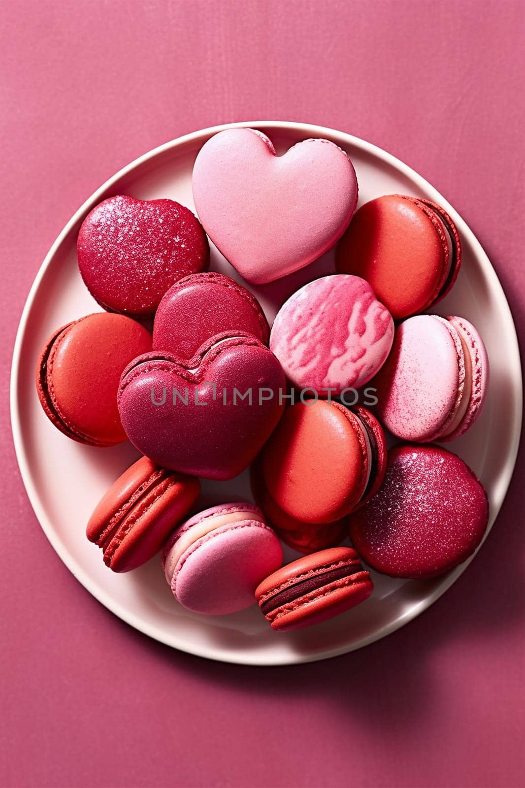 French sweet colorful heart shape cookies macarons macaroons with crumbs flying falling on vintage pink plate isolated on white background. Pastry shop card with copy space. Valentines day. Romantic concept Valentine top view