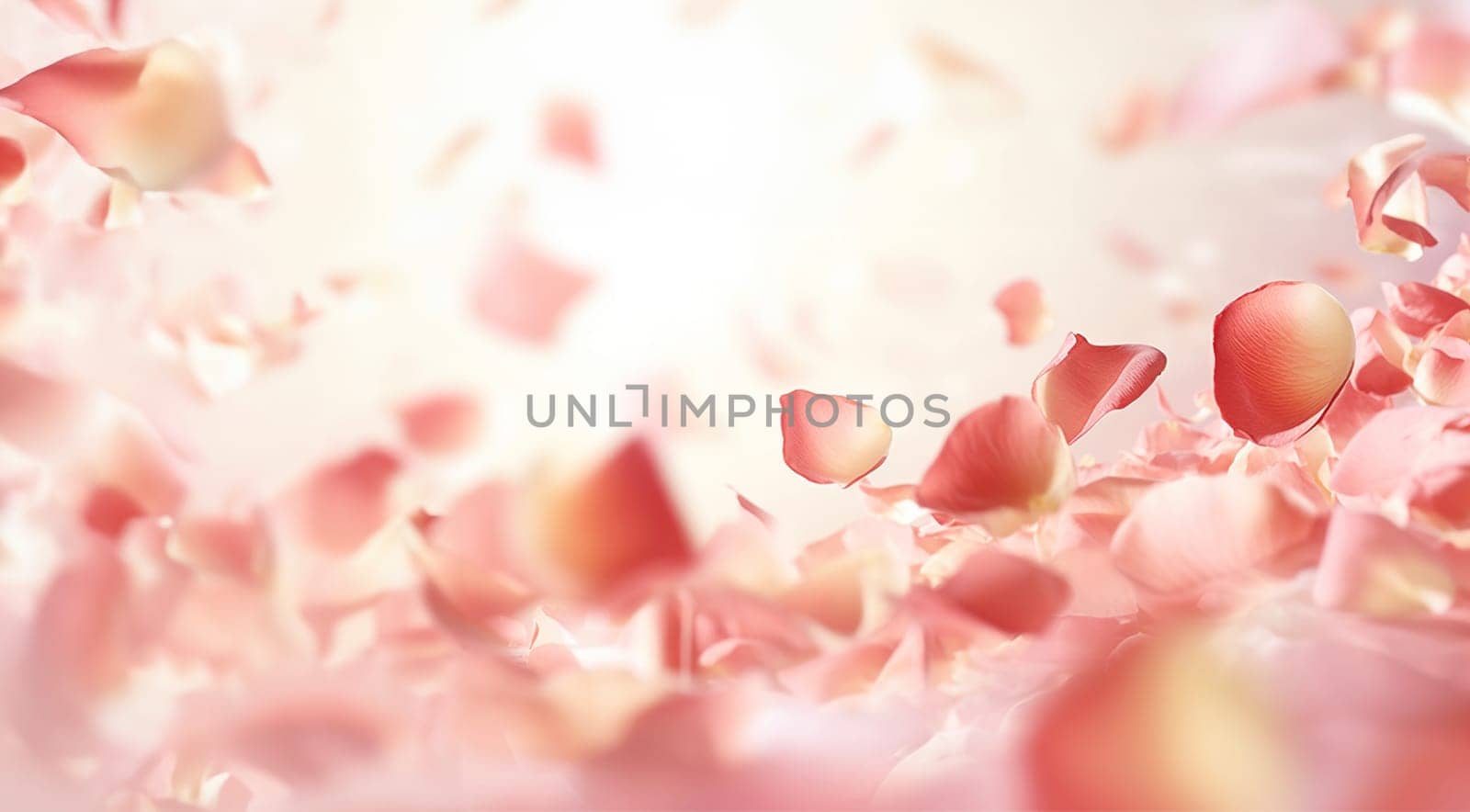 Pink rose petals on soft pink background. Petals of pink rose spa background. Realistic flying sakura cherry flower petals elements for romantic banner design. Copy space Valentine's Day concept. Space for text