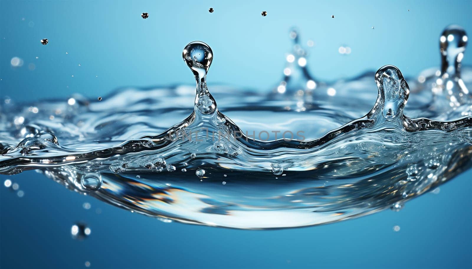 Transparent Realistic water splash with drops clear water background. Macro set splash of water with drops, a splash of falling water, a splash in the form of a crown, a splash in the form of a circle Copy space Blue colored