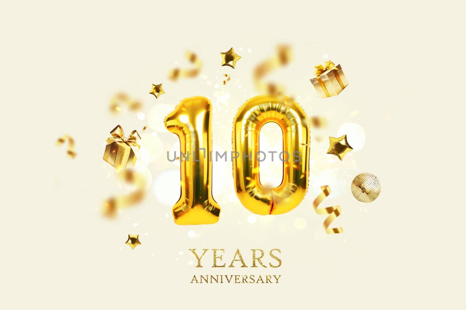 Gold festive balloons 10 years anniversary with golden confetti, presents, mirror ball and stars fly on a beige background with bokeh lights and sparks. Birthday luxury ten card, a creative idea