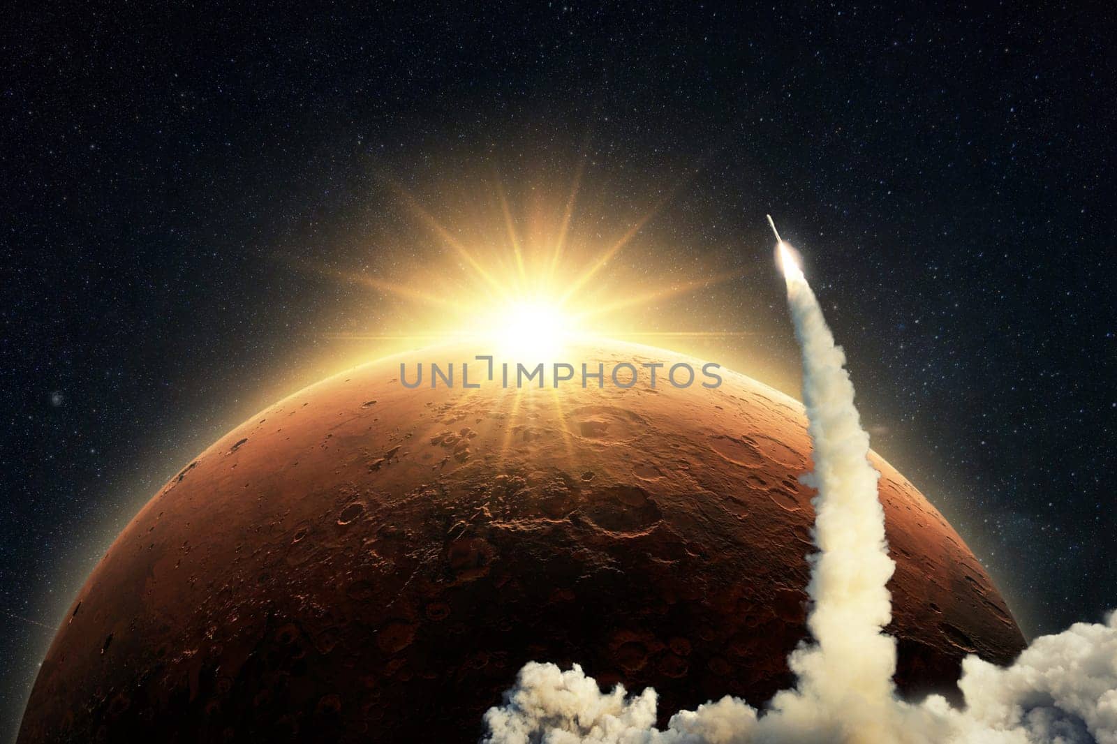 New space shuttle rocket with a blast and smoke takes off into space on background of the red planet Mars and sunrise light. Concept of technology and travel to Mars. Spaceship lift off