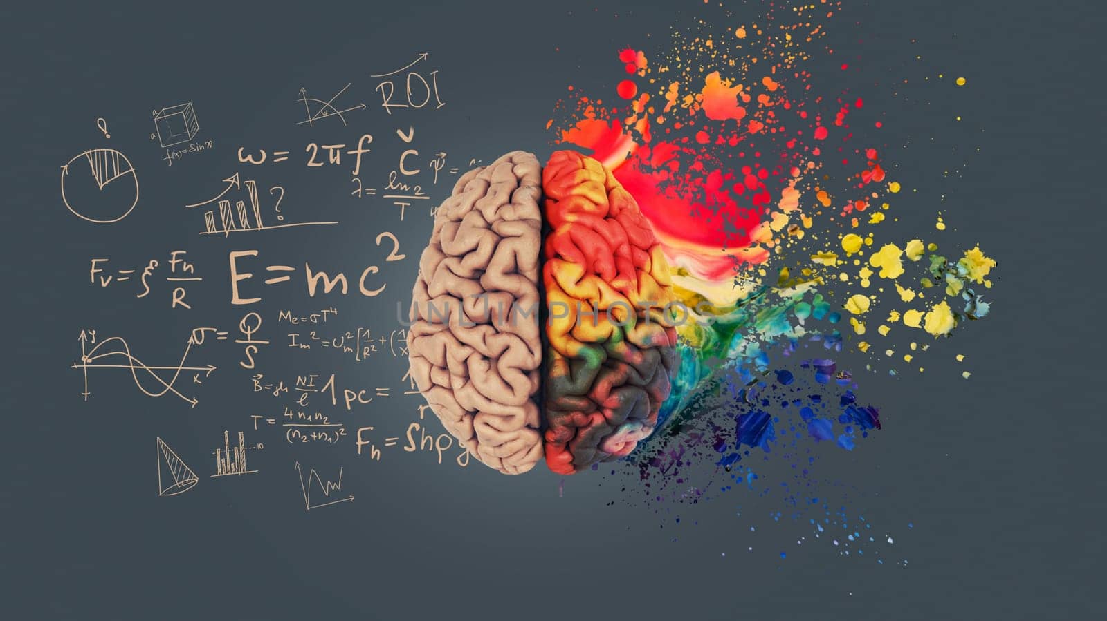 Left right human brain concept. Creative part and logical part with social and business part. Creative art brain explodes with paint splatter. Mathematical successful mindset with formulas.