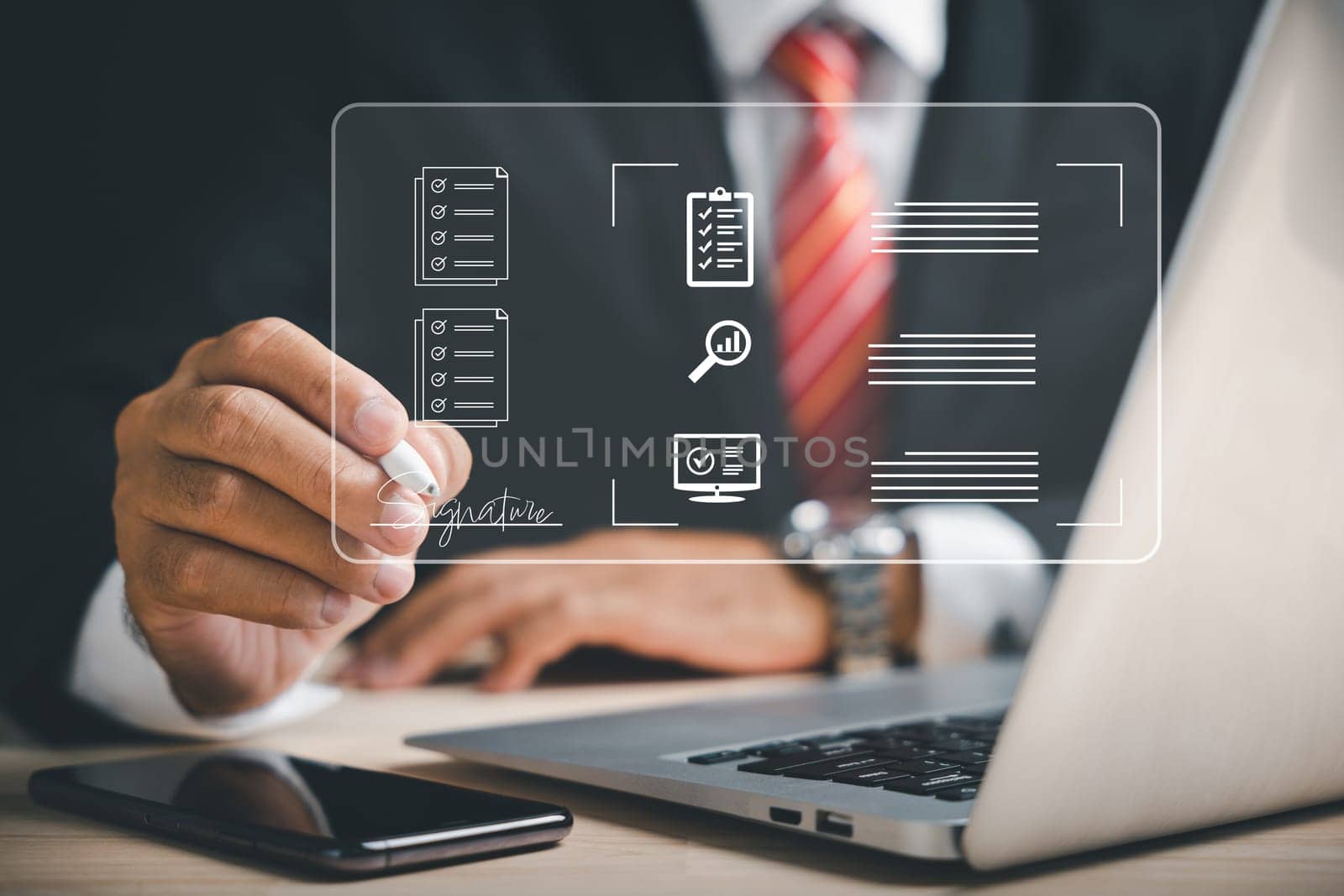 Professional businessman signs electronic documents on virtual screen using stylus pen. electronic signature concept, efficient business management, technological advancements. Agreement is confirmed.