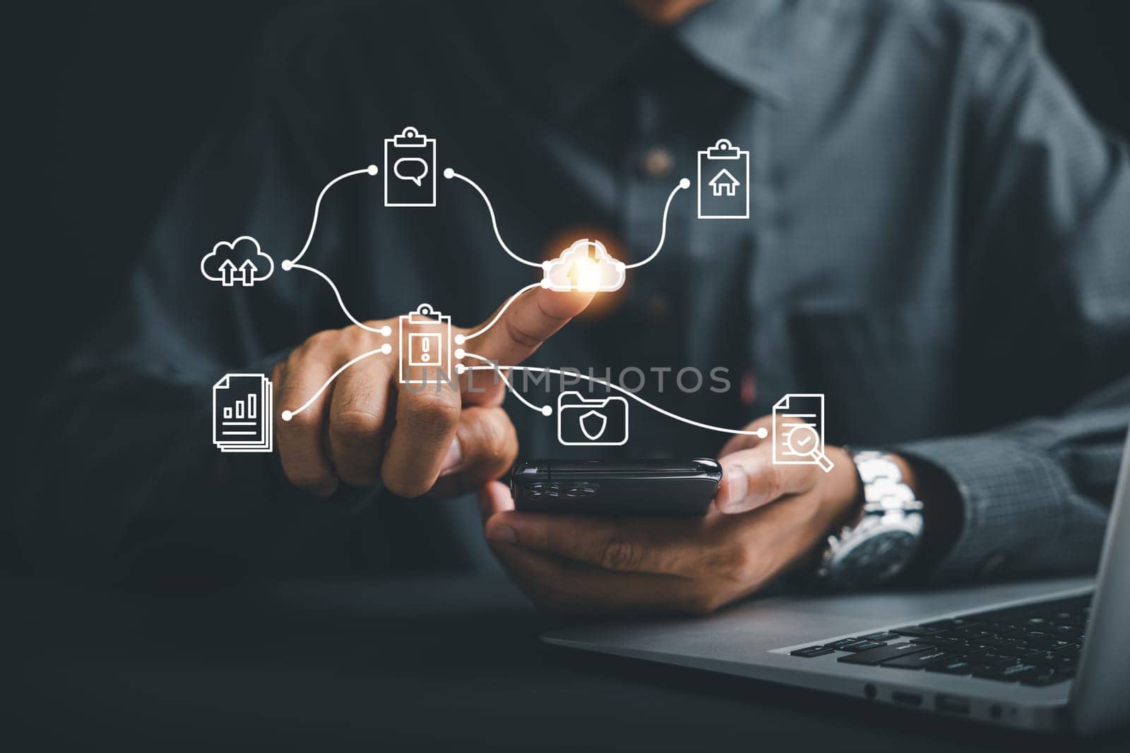 The businessman's hand points to the cloud icon, symbolizing the solution and connectivity offered by cloud technology document. Explore the digital landscape of a business service on the internet.