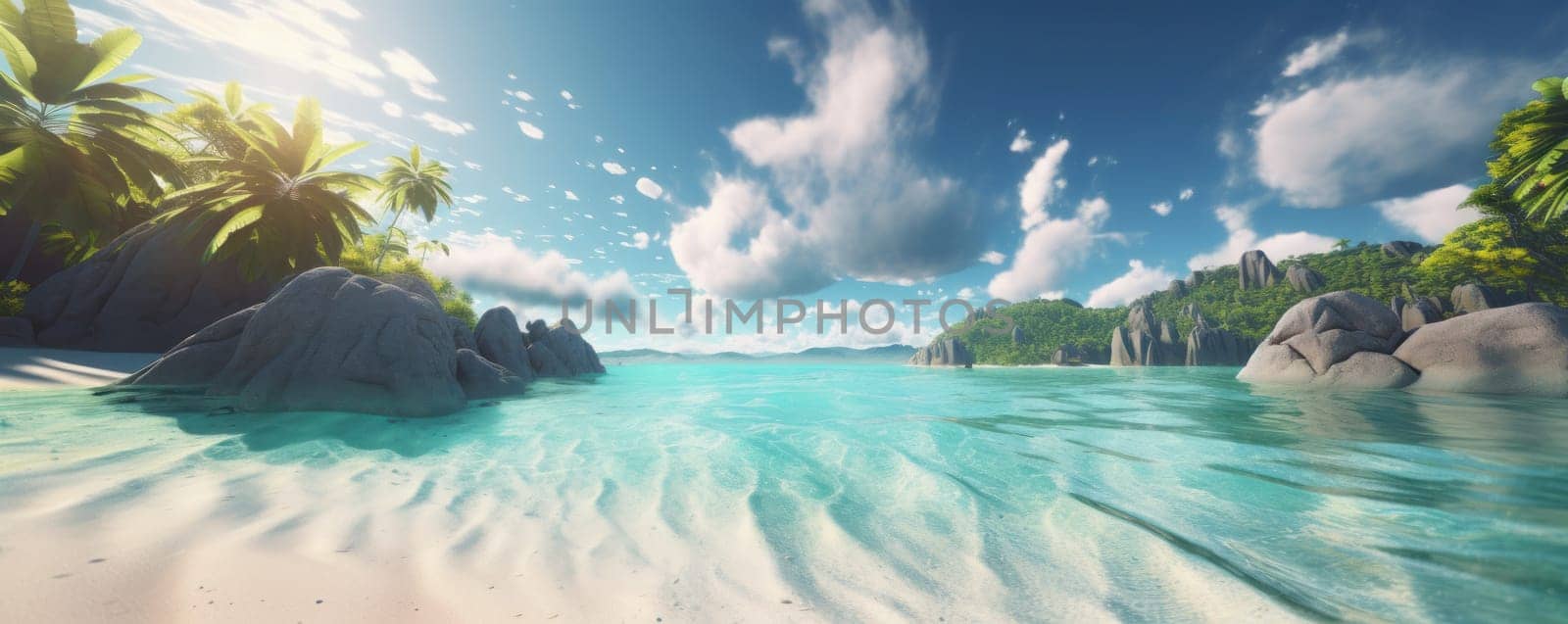 Colorful and vibrant tropical coastline with palm trees and crystal clear waters is AI Generative.