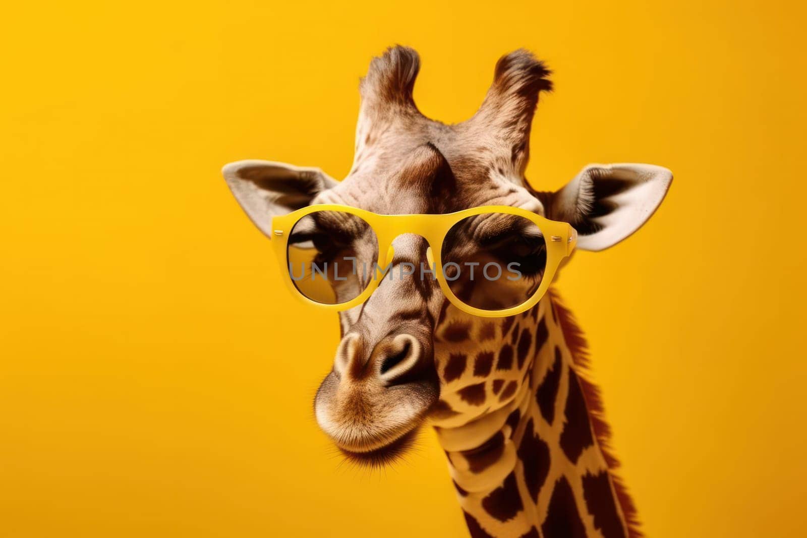 Get up close and personal with this odd giraffe in sunglasses. A long neck, spots, and shades make for a unique portrait. AI Generative.