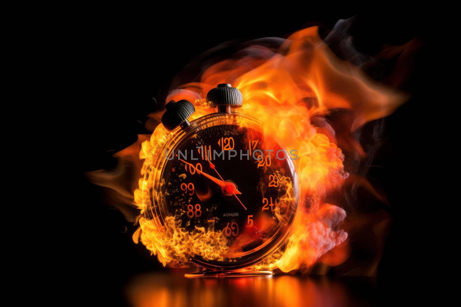 A black round alarm clock with large numbers on a dark background, surrounded by burning hot particles, representing the urgency of time. Is AI Generative.