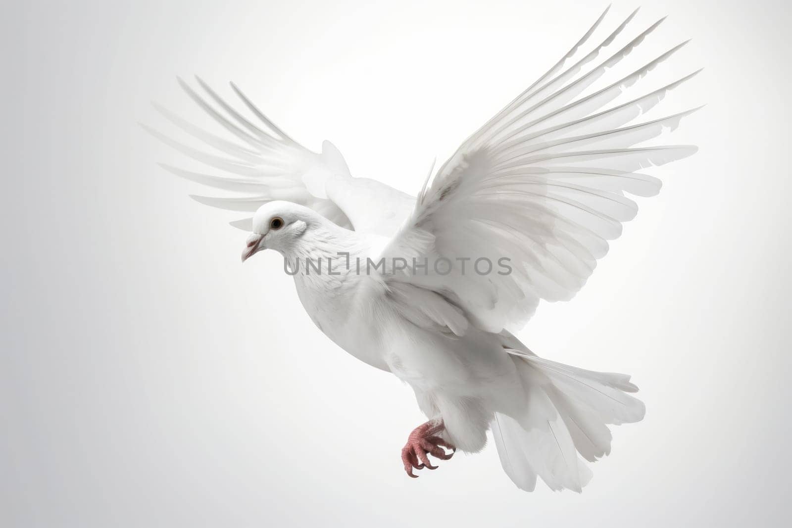 The breathtaking beauty and grace of this white bird in flight, with wings spread wide and soaring through the sky. AI Generative.