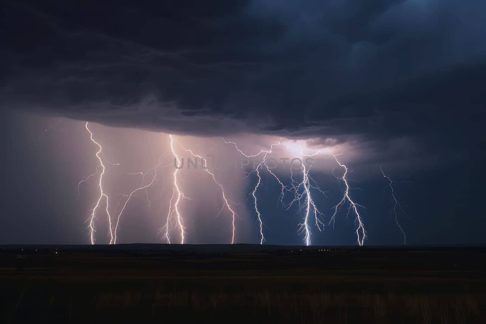 Dramatic lightning storm strikes a vast field at night, illuminating the sky with stunning beauty. AI Generative