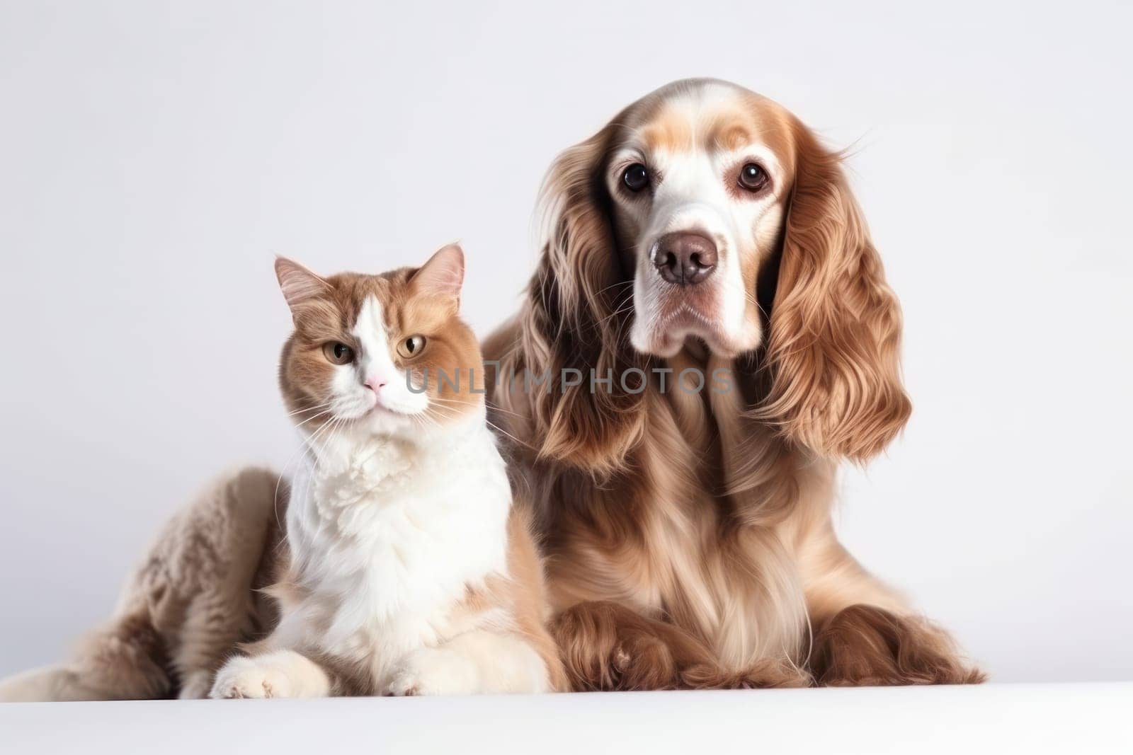 A peaceful moment of furry companionship between a dog and cat, as they sit together with adorable expressions. - AI Generative