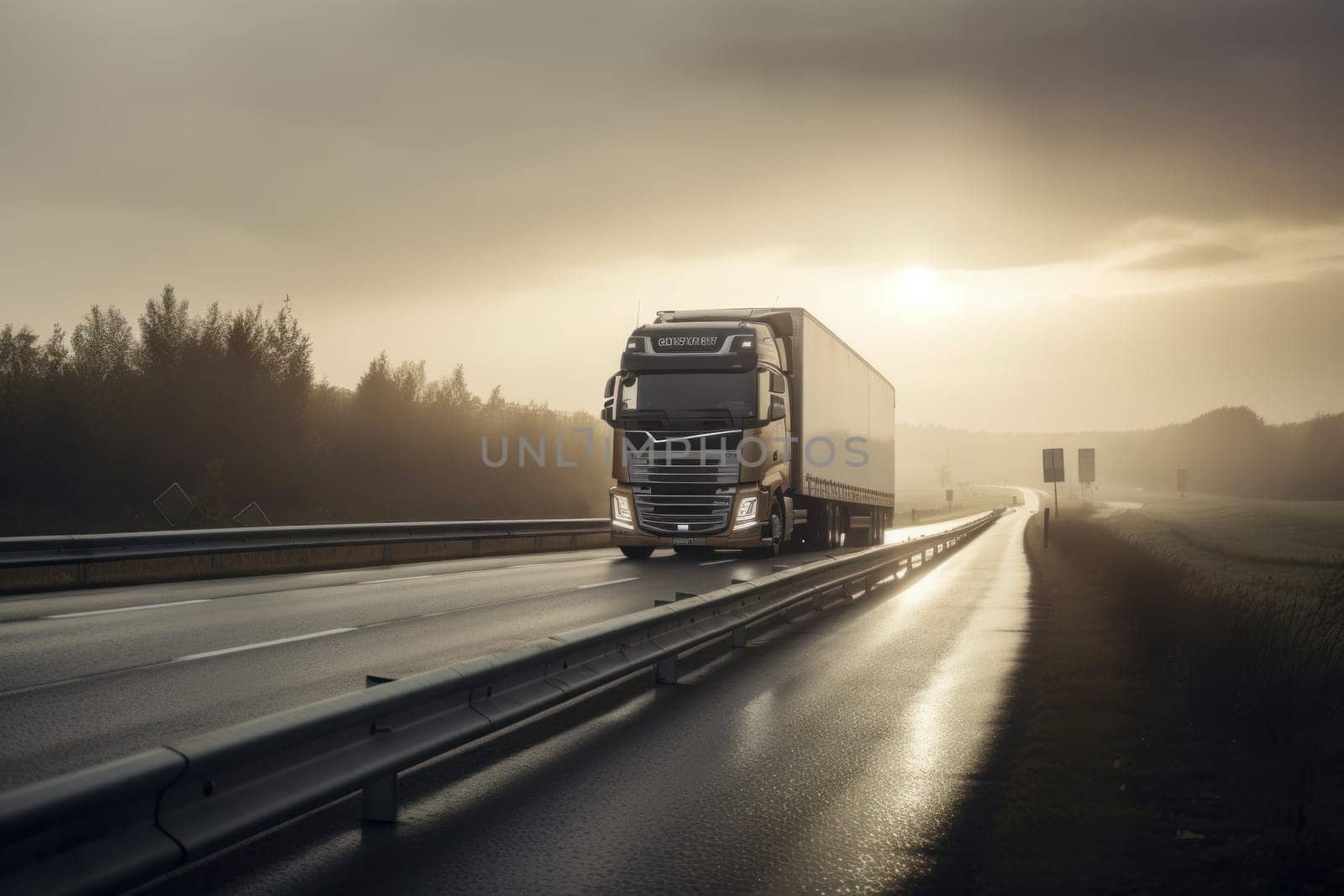 A semi truck with a trailer full of goods driving down the highway at sunset a reminder of the importance of timely deliveries. AI Generative.