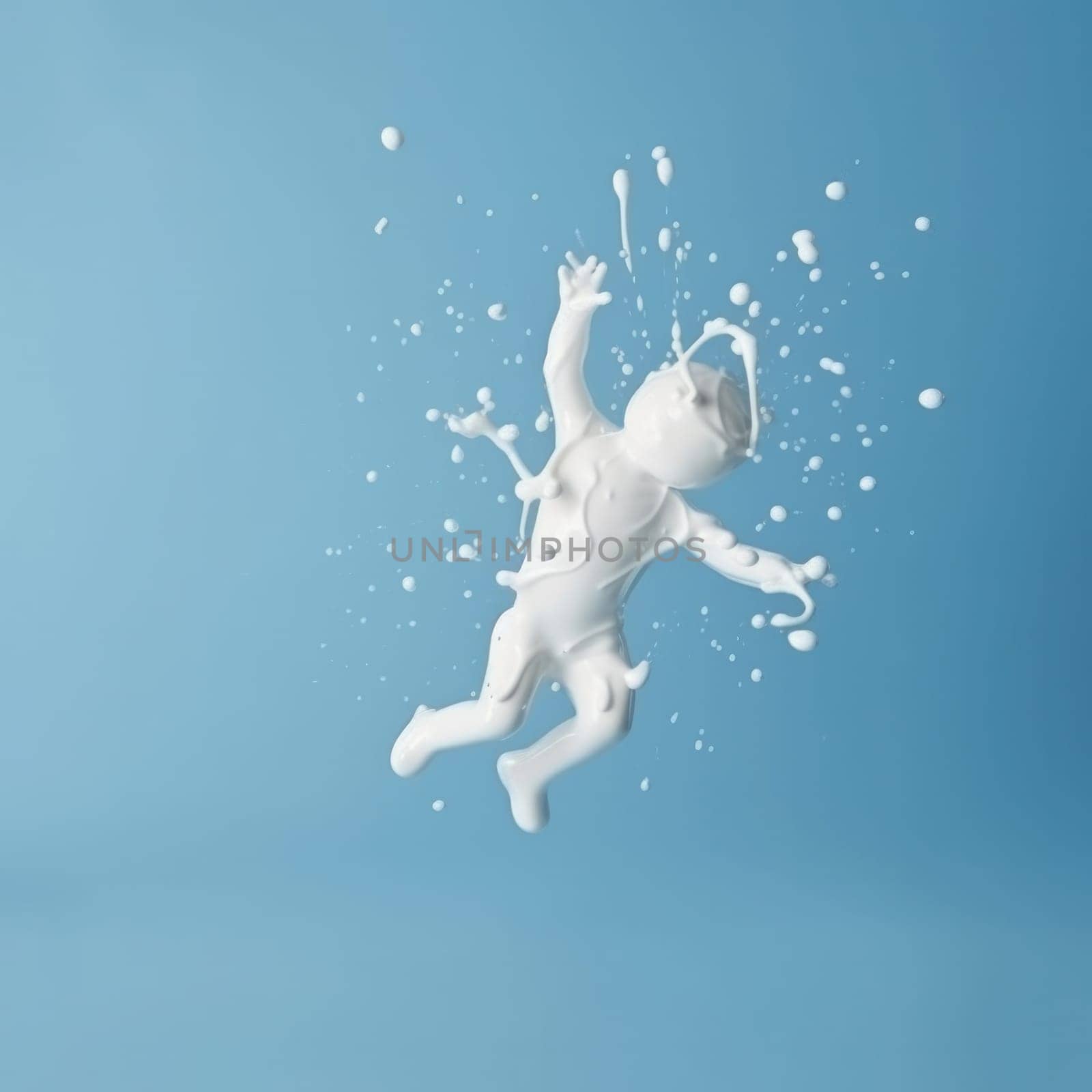 High-speed photography captures the natural shape and form of white liquid splashing into the air against a refreshing blue background. AI Generative