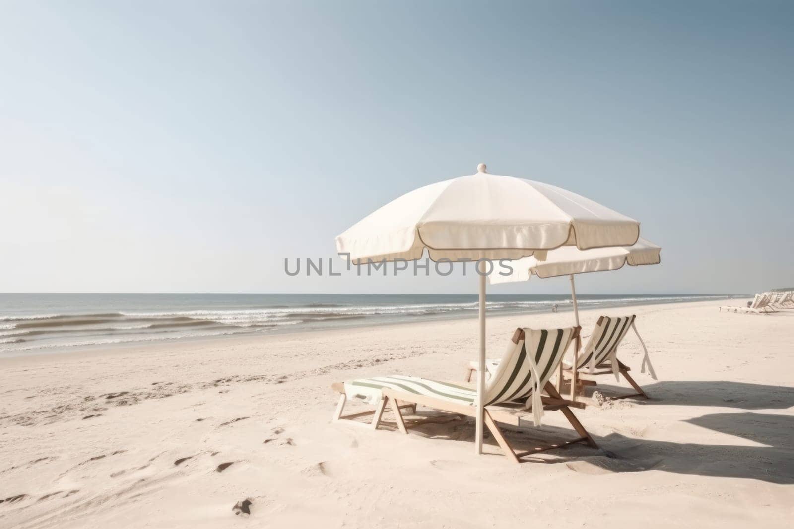 Take in the magnificent view of the ocean from two beach chairs and umbrellas set up on the tropical beach, perfect for a relaxing getaway. AI Generative.
